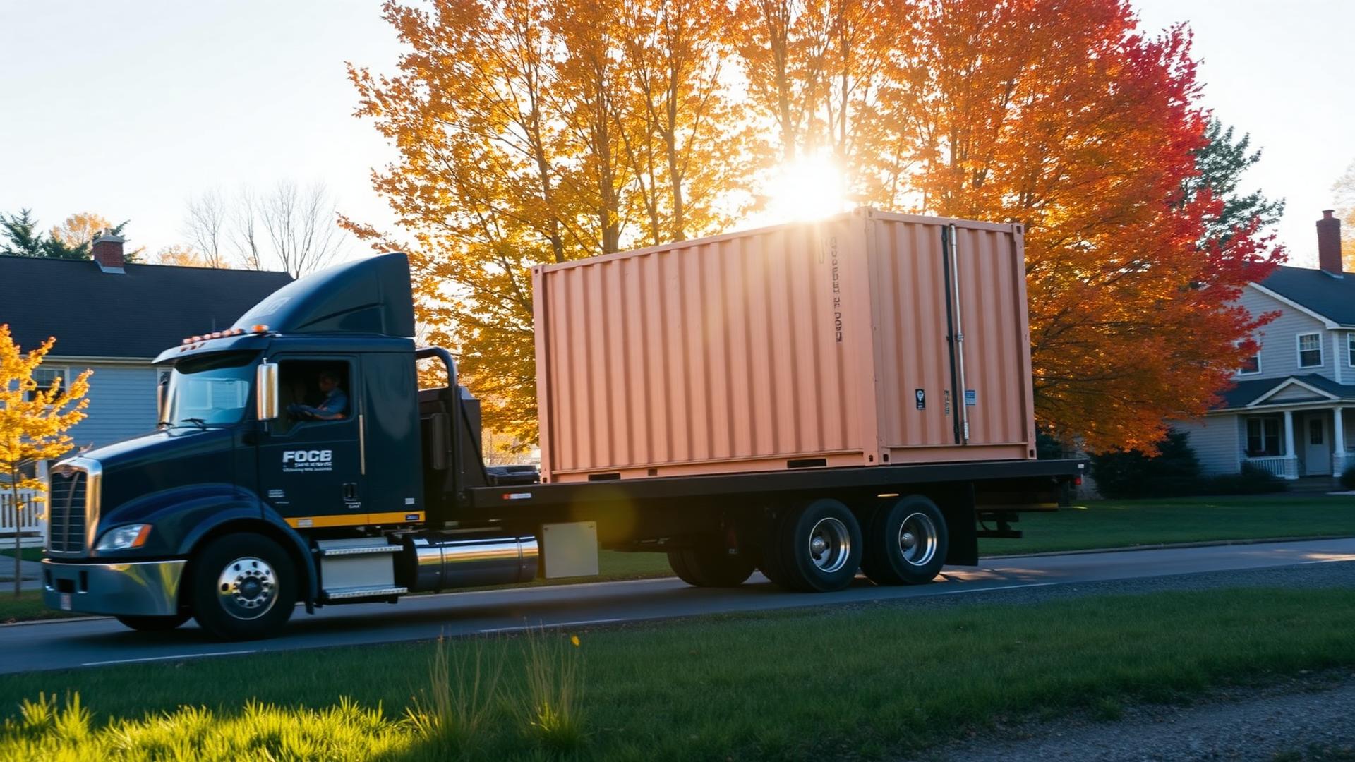 Flatbed truck delivering a tan shipping container to a New England property